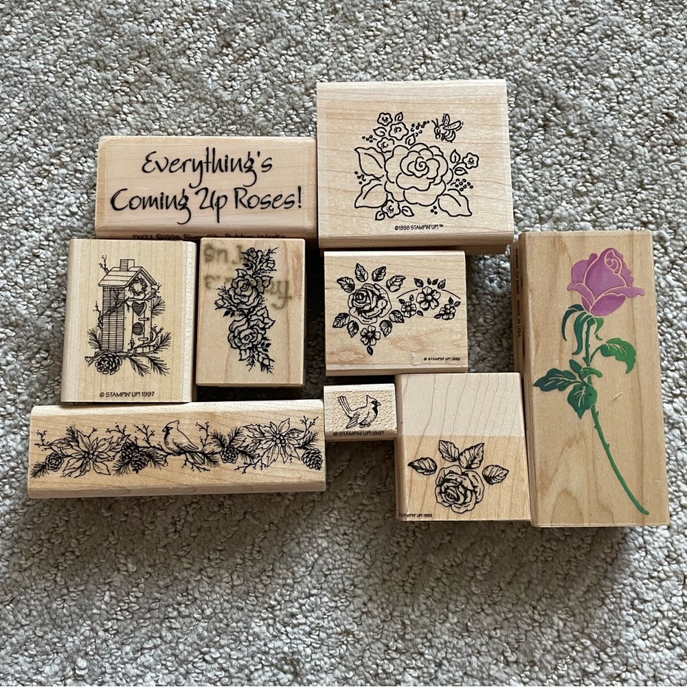 Set of 9 Roses and Birds Rubber Stamp Collection, Vintage Stamps
